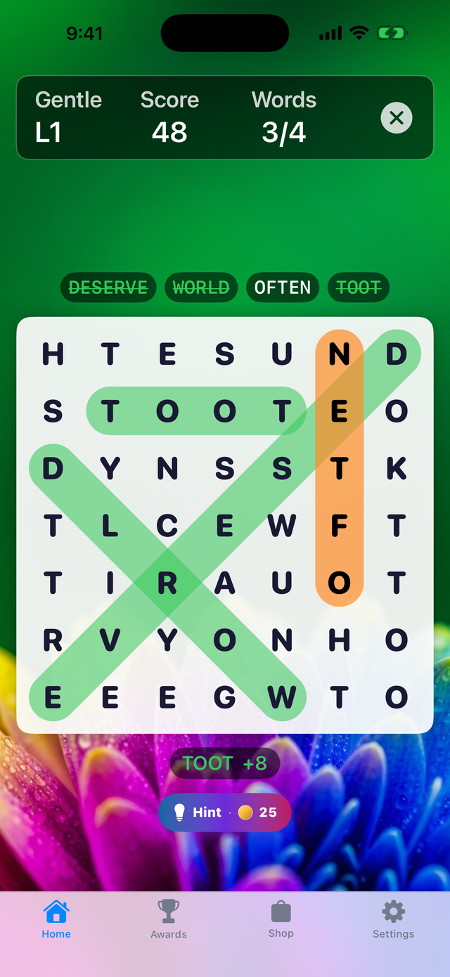 WordAmazing — gameplay with flower watercolor backdrop and partial-solve word search puzzle
