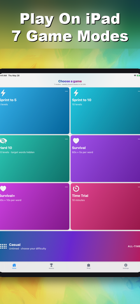 WordAmazing — play on iPad, seven game modes shown on the home hub over a tie-dye watercolor backdrop