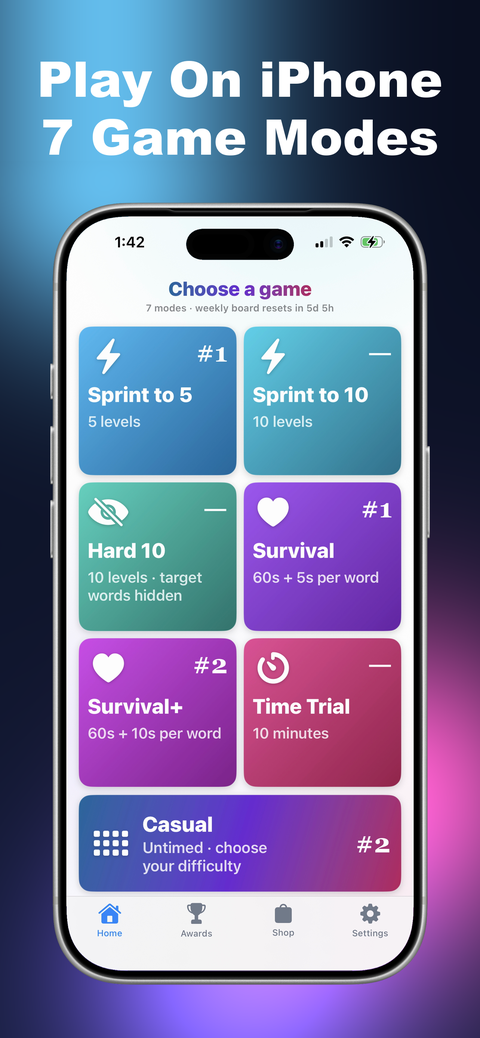 WordAmazing — play on iPhone, seven game modes shown on the home hub